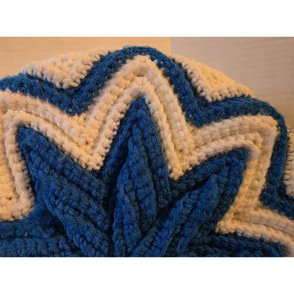 Vintage Crochet Round Pillow Pair Blue Cream Starburst Granny Handmade 3D